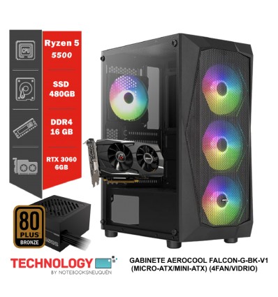 Pc gamer Aerocool Ryzen 5 5500, RTX 3050 6gb , Ram 16gb, SSD 480 gb, (600w 80+ bronze) W11