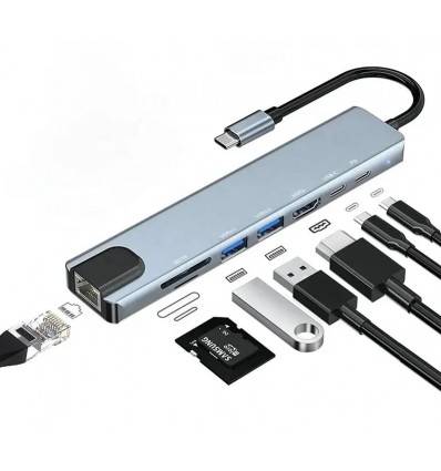 Adaptador Hub 8 En 1 Tipo C, Ethernet, Hdmi, Usb, Sd, Td
