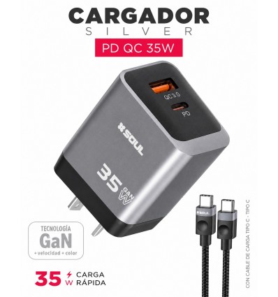 Cargador Soul Silver Pd+usb-a 35w Tipo C A + Cable Tipo C